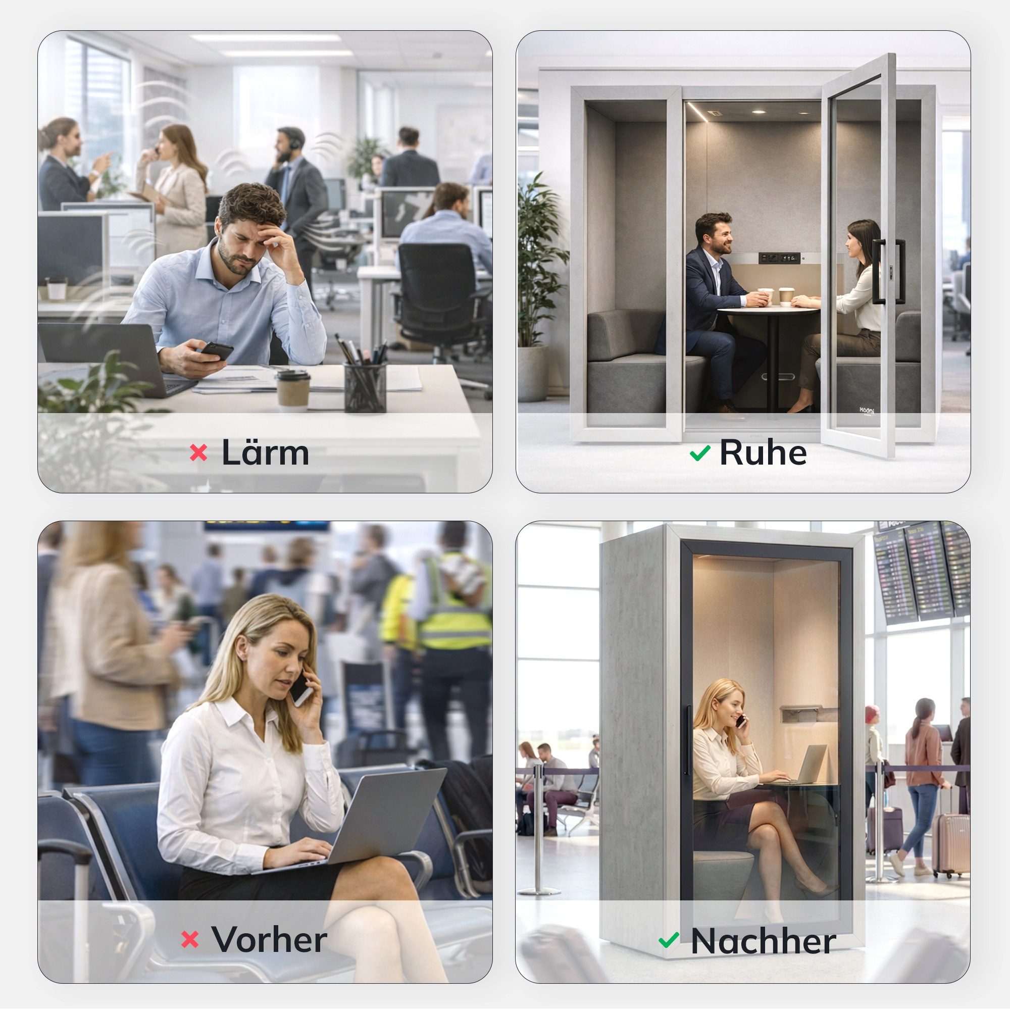 Jan Nowak Büromöbel-Set Akustikkabine Büro INBOX 4 Personen Meetingkabine LED Belüftung, (2100 x 2200 x 1220 mm Schalldämmung 30 dB 15 Luftwechsel/h), Besprechungskabine Office Pod Bürokabine 30 dB Tisch Sitzplätze