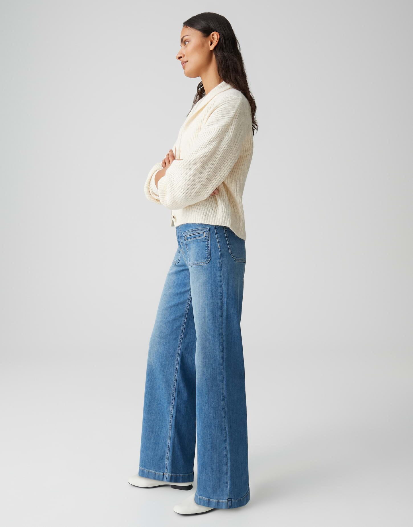 OPUS PANTS Palazzohose MELLY GROOVY aus BCI Cotton Mix Mid Rise Palazzo Fit, Long, leichte Used-Effekte
