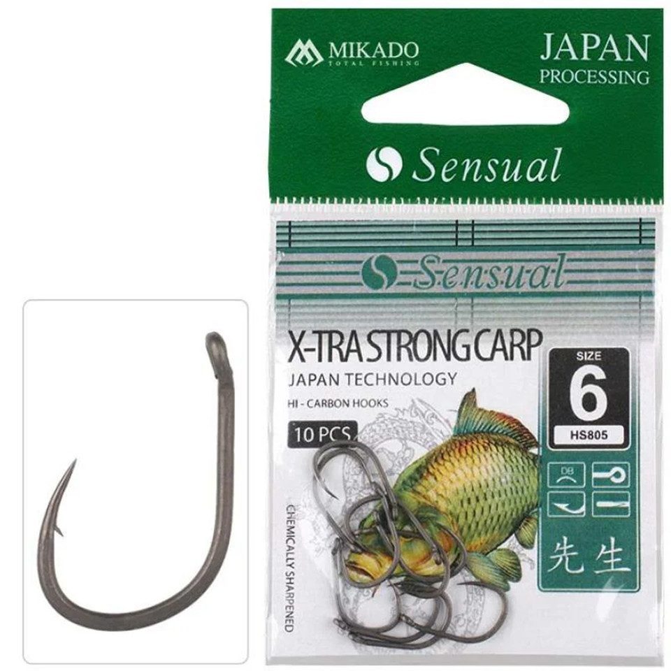 MIKADO Total Fishing Karpfenhaken Haken 10 Stk. Sensual X-TRA Strong Carp Karpfen Gr.6,8,10,12,14,16 RIG, (10-St., 10 Stück), Mit einem Widerhaken, Öhr