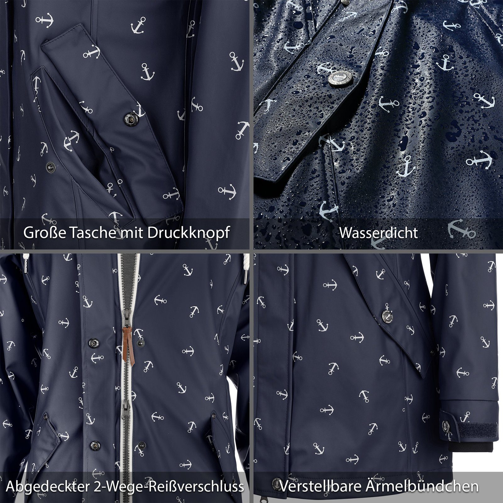 Dry Fashion Regenjacke Cuxhaven Damen Regenmantel Cuxhaven Anker-Print - Jacke mit Kapuze wasserdicht