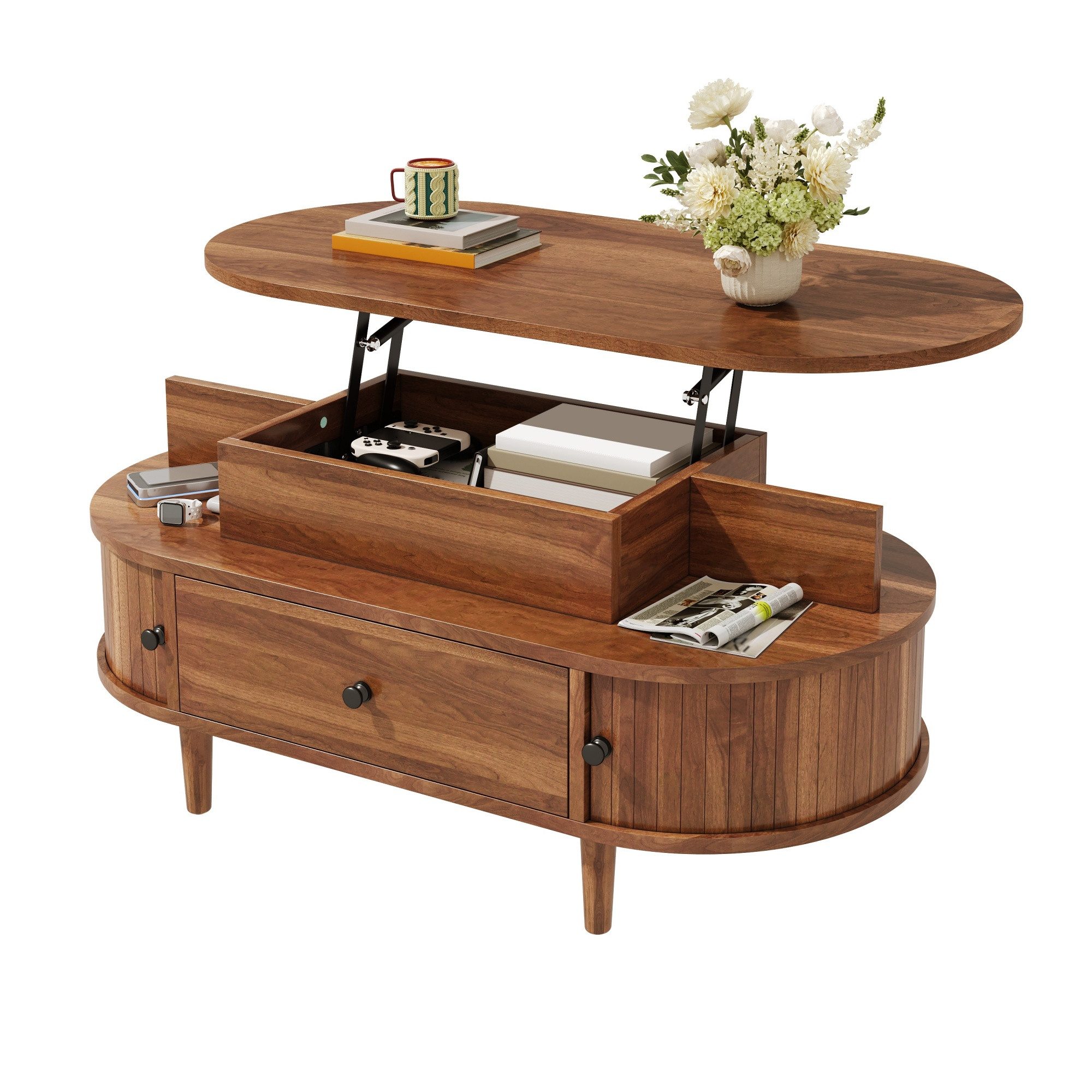 Merax Couchtisch mit hydraulischer Hubplatte, Oval Wohnzimmertisch im Holzoptik (105 L x 50 B x 60,5 H cm, 1-St., Beistelltisch), Sofatisch mit Stauraum, 2 offenen Ablagen, Schublade & 2 Schiebetüren