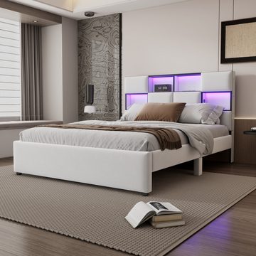 OKWISH Polsterbett Flachbett, verstellbares Umgebungslicht (mehrere Ablagefächer an der Seite des Bettes, USB-Anschluss 140x200 cm), ohne Matratze