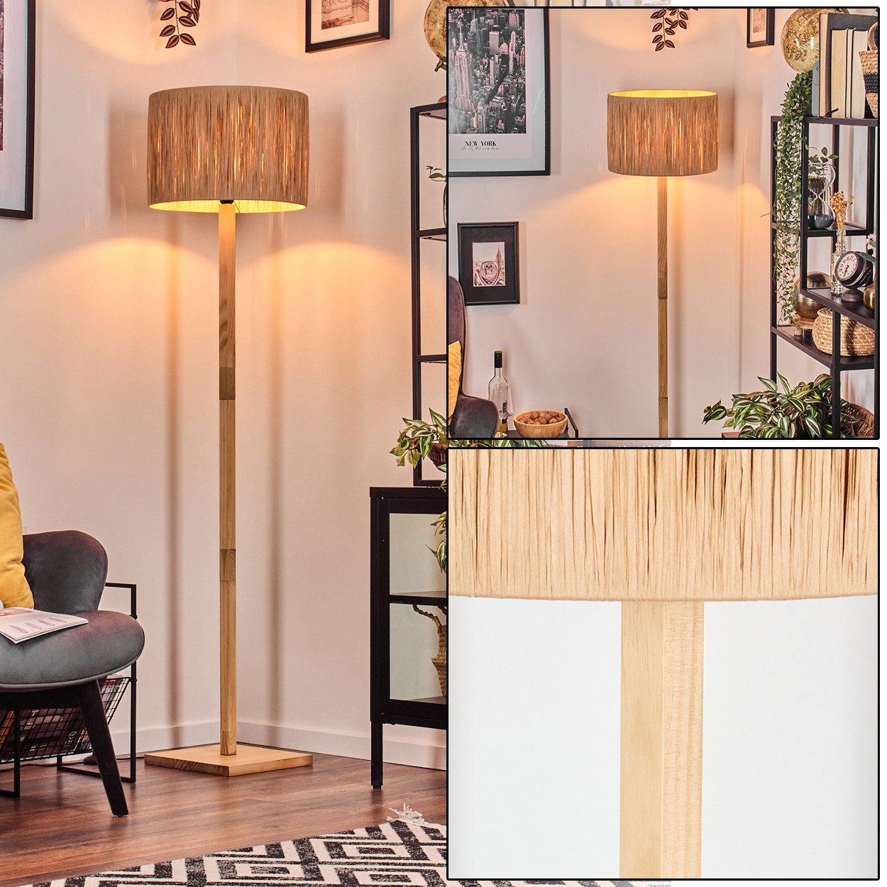 Stehlampe Stehlampe mit Holzfuß und Schirm aus Bast