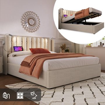 BlingBin Polsterbett Doppelbett (1-tlg., Ladefunktion und Bettkasten, mit Leselicht 160 ×200CM), 2 USB-Ladeanschlüsse, lattenrost, Ohne Matratze