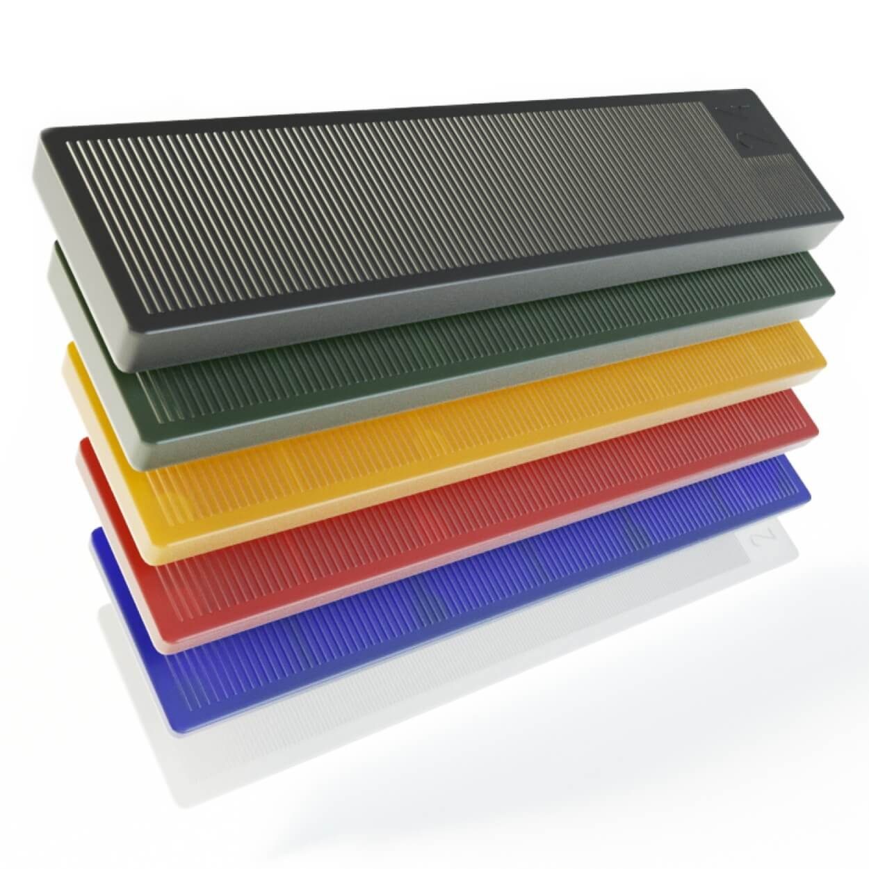 BAUHELD Unterlegplatte Verglasungsklötze, Kunststoff 100x24 mm, In den Größen 1, 2, 3, 4, 5, 6 mm, SORTIERT, 600-St., Verlegeset für Fliesen, Laminat Bodenbelag, Terrassendielen, Balkon, Als Montagekeil, Unterlegkeil, Verlegekeil