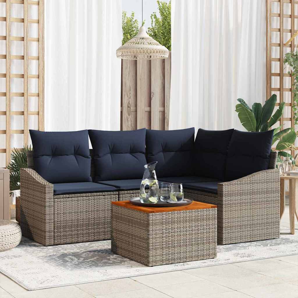 vidaXL Gartenlounge-Set Gartensofa-set 5 pcs Grau und Marineblau Poly-Rattan, (5-tlg)