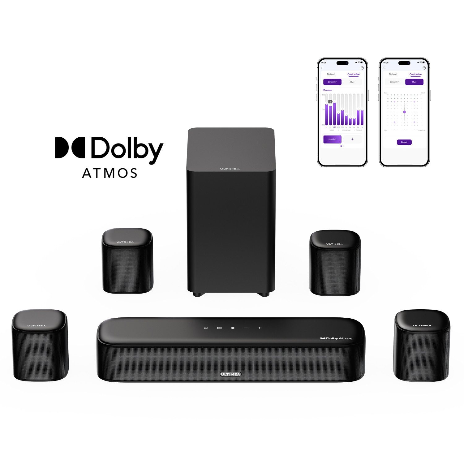 Ultimea Aura A60 7.1 Soundsystem 7.1-Kanal Dolby Atmos Soundbar (Bluetooth, HDMI, 350 W, 3D Surround Sound System für Heimkino mit 4 Surround Speakers)