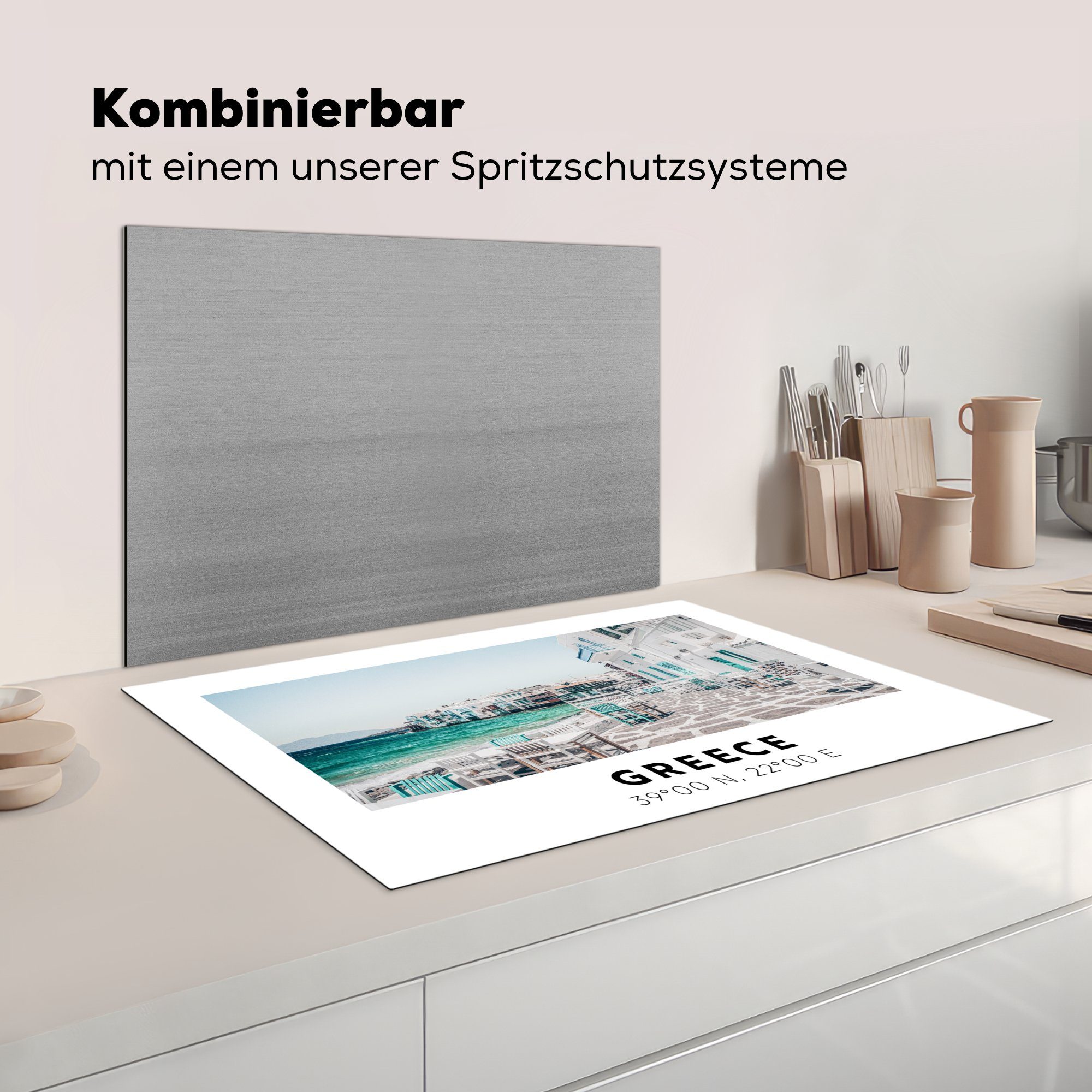 Ceranfeldabdeckung die Schutz Blau Meer Induktionskochfeld cm, für - Stühle, Vinyl, Griechenland - MuchoWow 81x52 - Herdblende-/Abdeckplatte küche, (1 tlg),