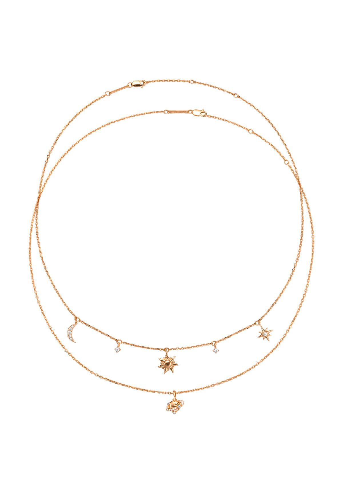 Hey Happiness Collier-Set Sternenhimmel 2-tlg., 925er Silber Schmuck für Damen, Zartes Halsketten Set mit Mond & Stern & Planet Anhänger