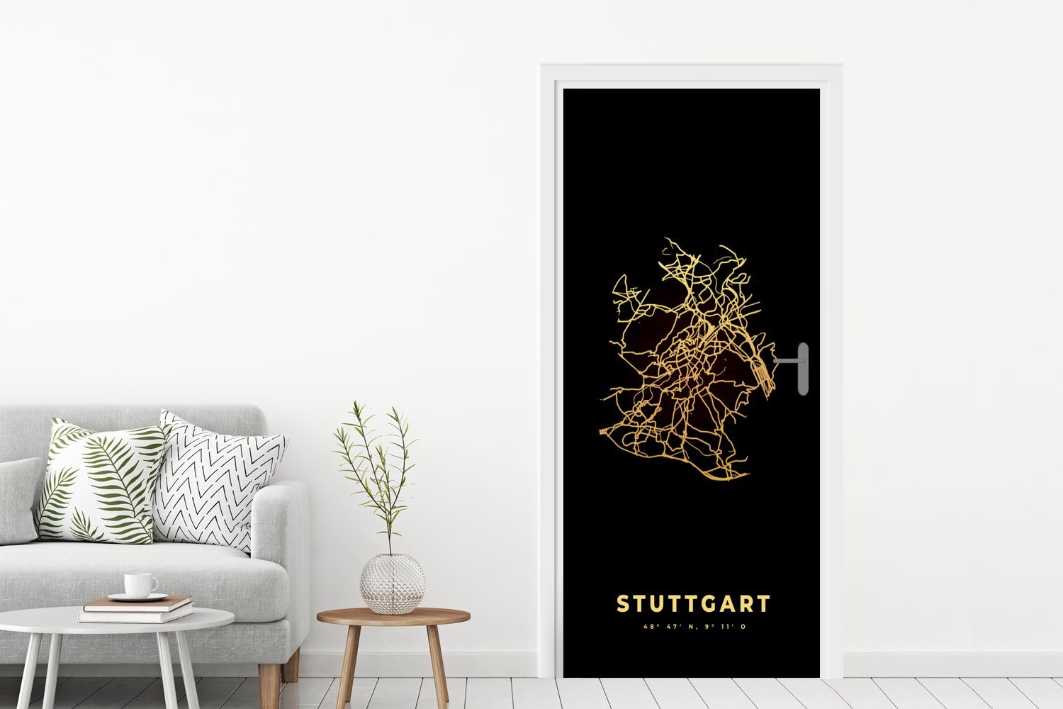 Stadtplan Stuttgart MuchoWow Matt, Tür, Fototapete Karte, cm bedruckt, - für Türaufkleber, - Gold (1 - St), 75x205 Türtapete