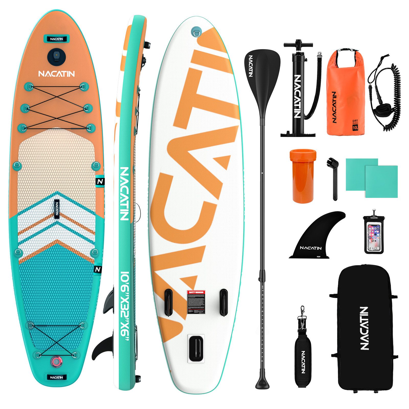 NACATIN Inflatable SUP-Board 320 cm, Aufblasbares Stand-Up-Paddle Board für Allround & Touring, Inflatable SUP Board, (inkl. Rucksack, 10L Trockenbeutel, Handyhülle & Schultergurt), mit umfangreichem Zubehör