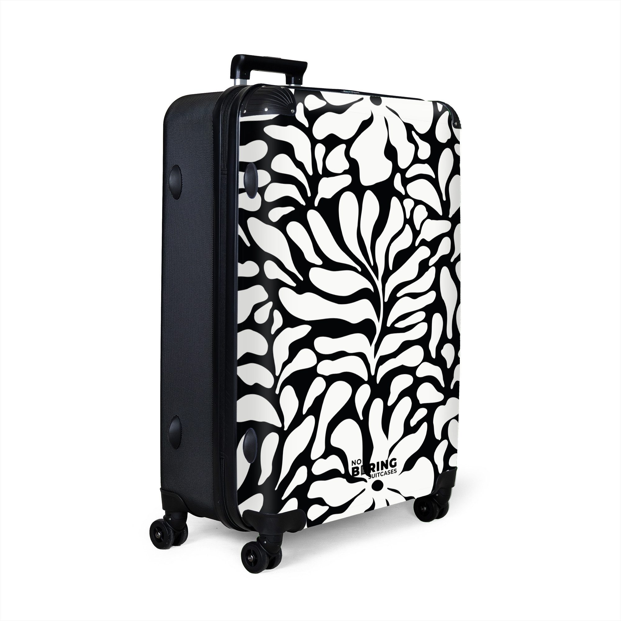 NoBoringSuitcases.com© Hartschalen-Trolley Schwarz mit weißen Blumen günstig online kaufen