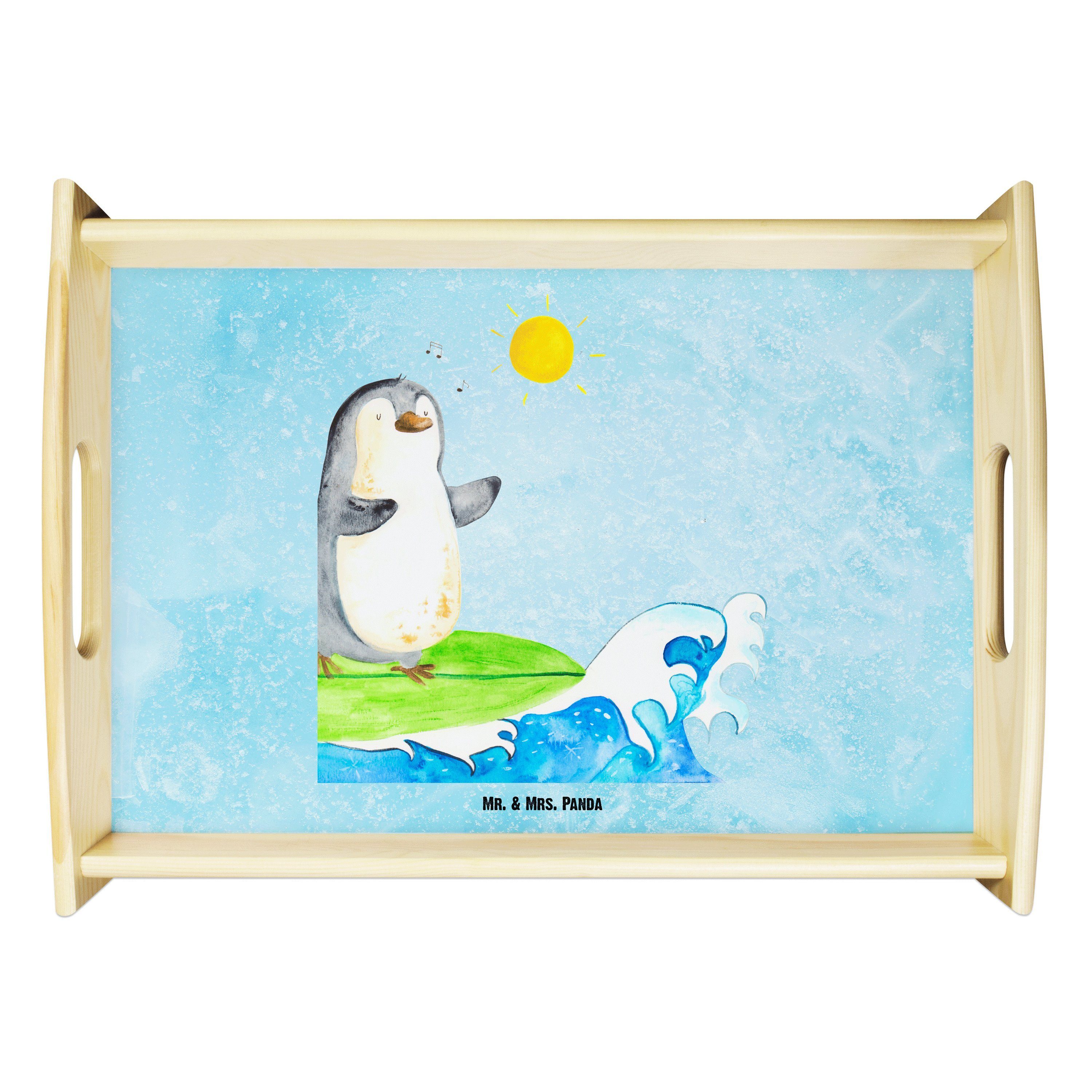 Pinguine, - Tablett Frühstückstabl, Pinguin surfen, & Mrs. Echtholz Mr. Surfer (1-tlg) lasiert, - Geschenk, Eisblau Panda