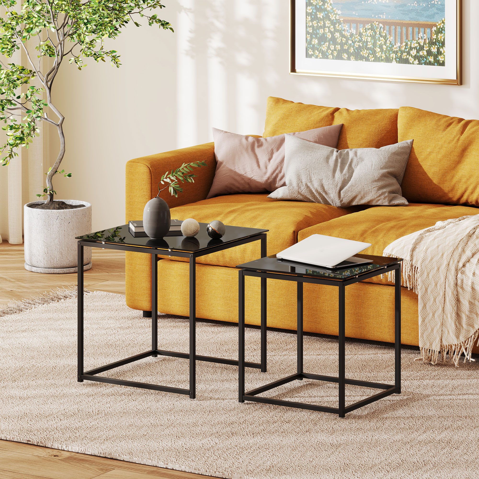 HOMCOM Beistelltisch Quadratischer Sofatisch Satztisch mit Glastischplatte günstig online kaufen