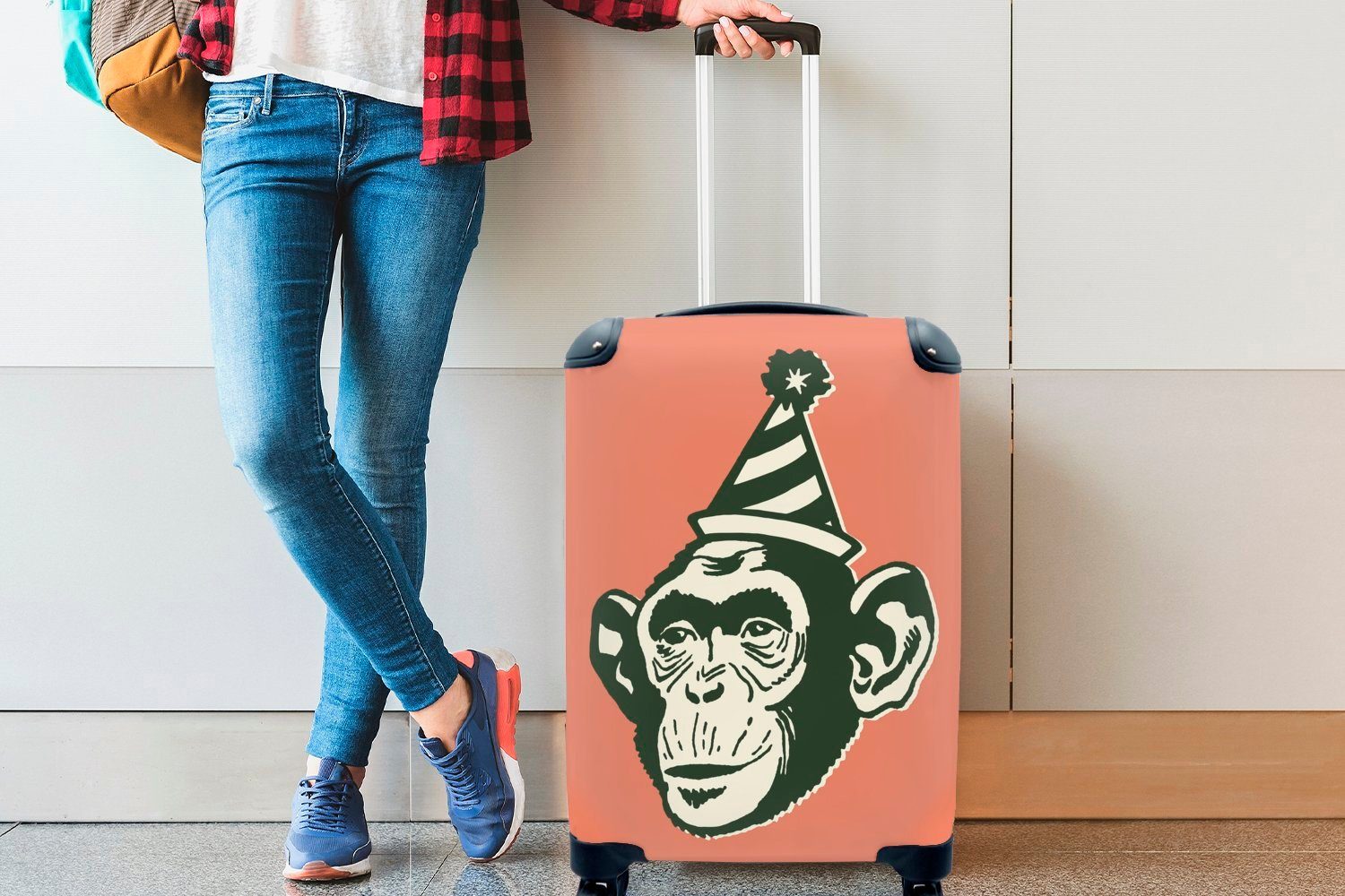 Handgepäckkoffer der 4 eines mit MuchoWow Reisetasche Eine Reisekoffer Handgepäck Illustration Ferien, in Trolley, rollen, Rollen, für Geburtstagsäffchens Pop-Art,