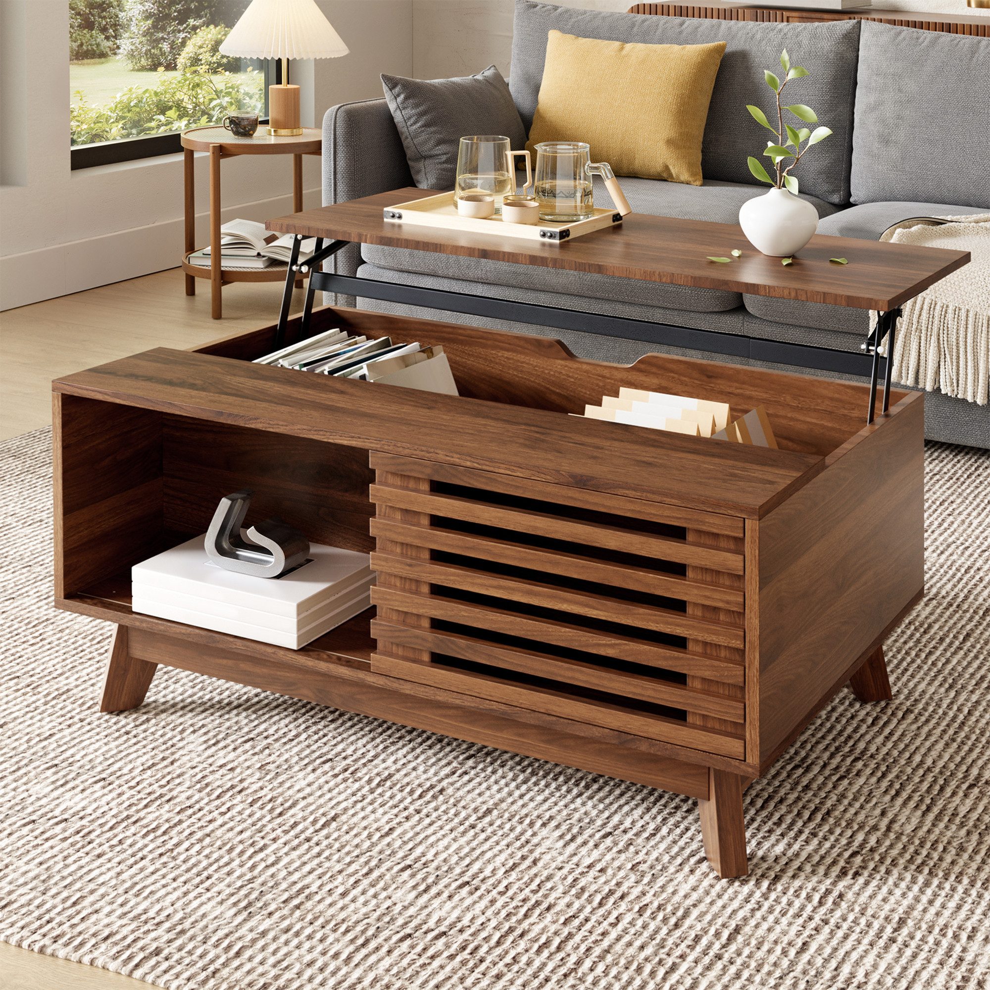 Merax Couchtisch höhenverstellbar Sofatisch Walnuss Retro Beistelltisch (1-St), Wohnzimmertisch mit Jalousietür & Stauraum, 90x55x57,5cm