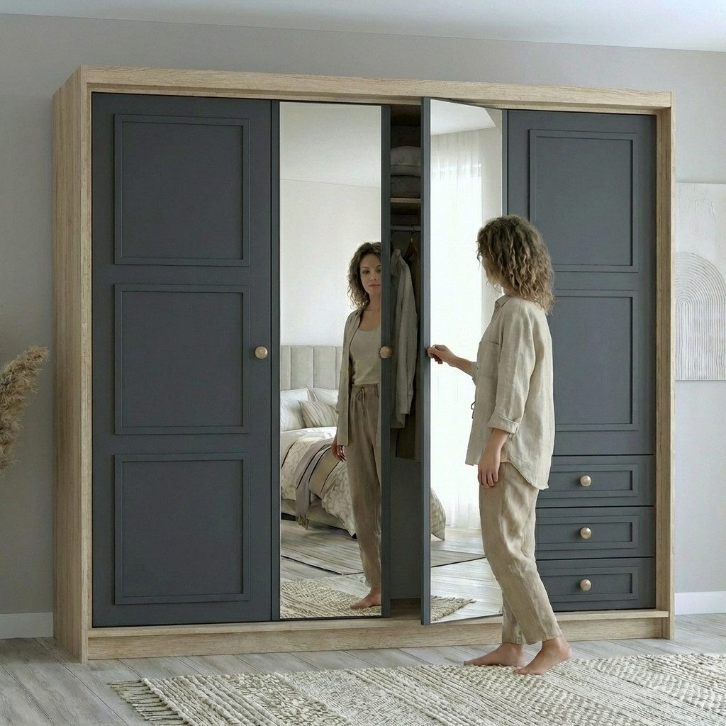 A&J MöbelLand GmbH Drehtürenschrank OSLO viertüriger Kleiderschrank mit Schubladen und Metallgriffen (Geräumiger viertüriger Kleiderschrank mit Schubladen und Metallgriffen. Geräumiger Schrank mit einer Breite von 200 cm und Schubladen, ideal zur Aufbewahrung von Kleidung und Accessoires. Viel Stauraum. TOP PRODUKT! Wählen Sie das ideale Modell für Ihr Schlafzimmer!, TOP ANGEBOT) Breite: 200 cm, Höhe: 215 cm, Tiefe: 59,5 cm