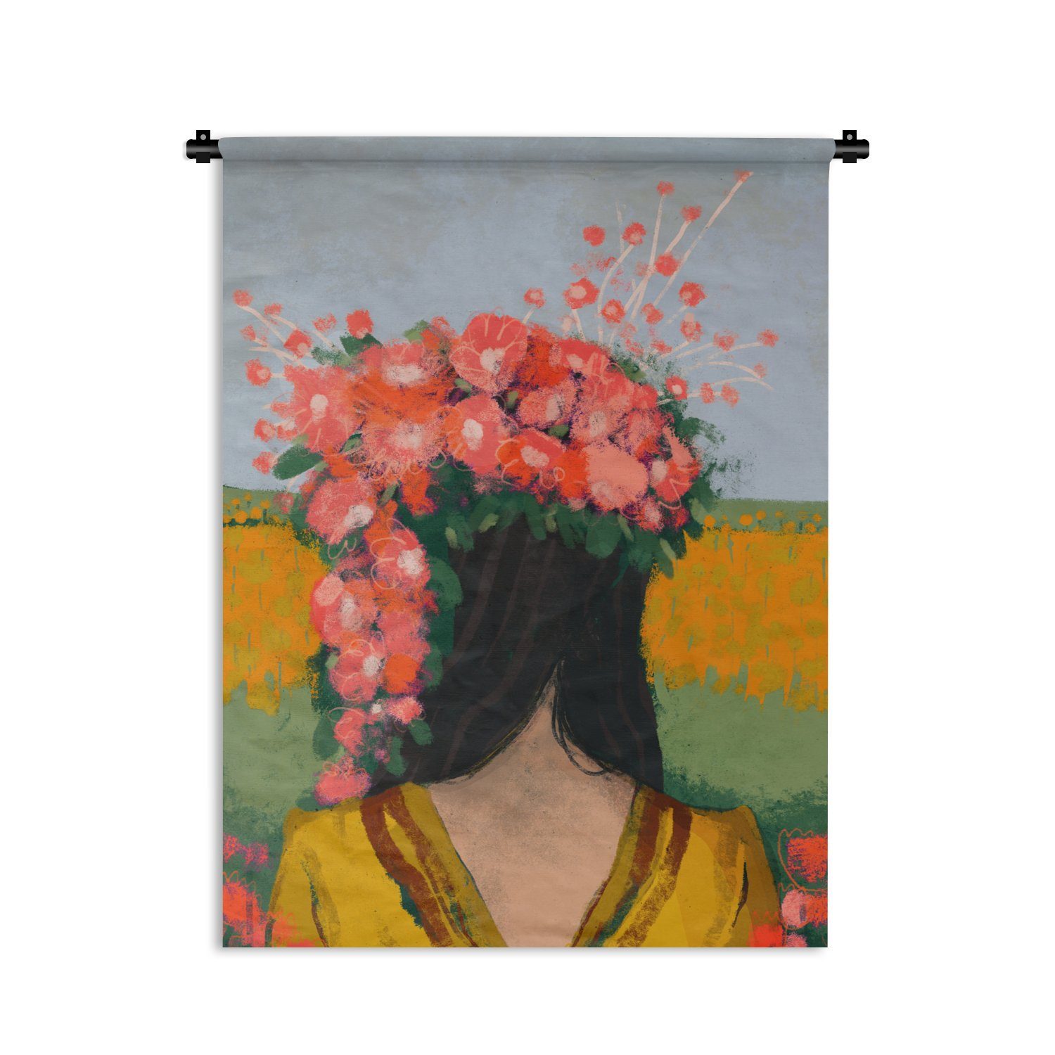 MuchoWow Wanddekoobjekt Porträt - Blumen - Frau - Rot, Deko für an der Wand, Wohnzimmer, Tapisserie, Schlafzimmer
