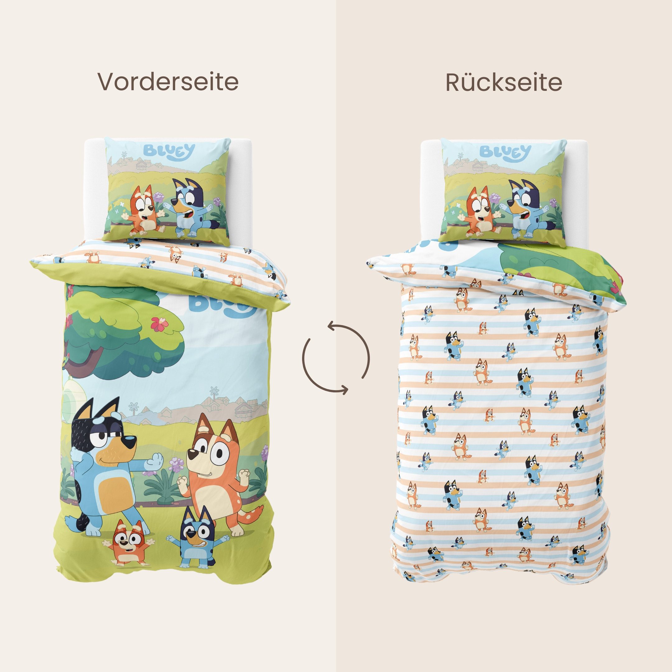 MTOnlinehandel Kinderbettwäsche Bluey Renforcé in 135x200 + 80x80 cm, Geschenkidee, 100% Baumwolle, 2 teilig, Wendebettwäsche für Mädchen und Jungen, Bingo & Bl – Bild 4 von 5
