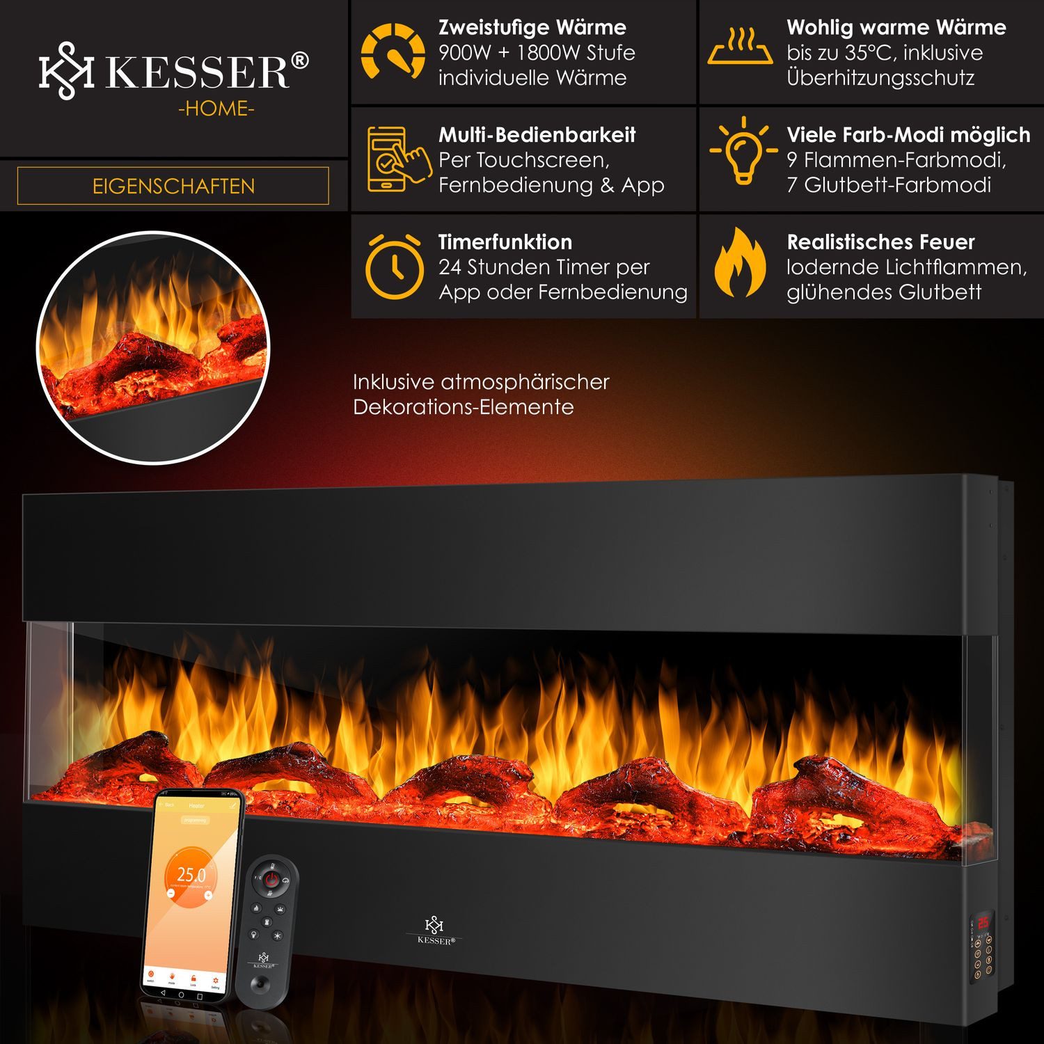 KESSER Elektrokamin, Wandkamin Elektrokamin 3D Elektrischer Kamin mit Heizu günstig online kaufen