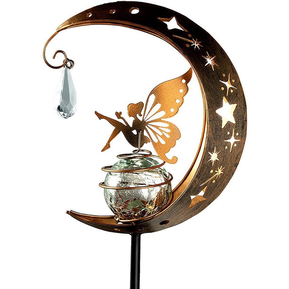 Minicloss LED Solarleuchte Solar-Gartenornamente, Solar-Lichterkette für den Außenbereich, Mond, Stern, Knisterglaskugel, Erdspieß, Metallleuchten, wasserdichte