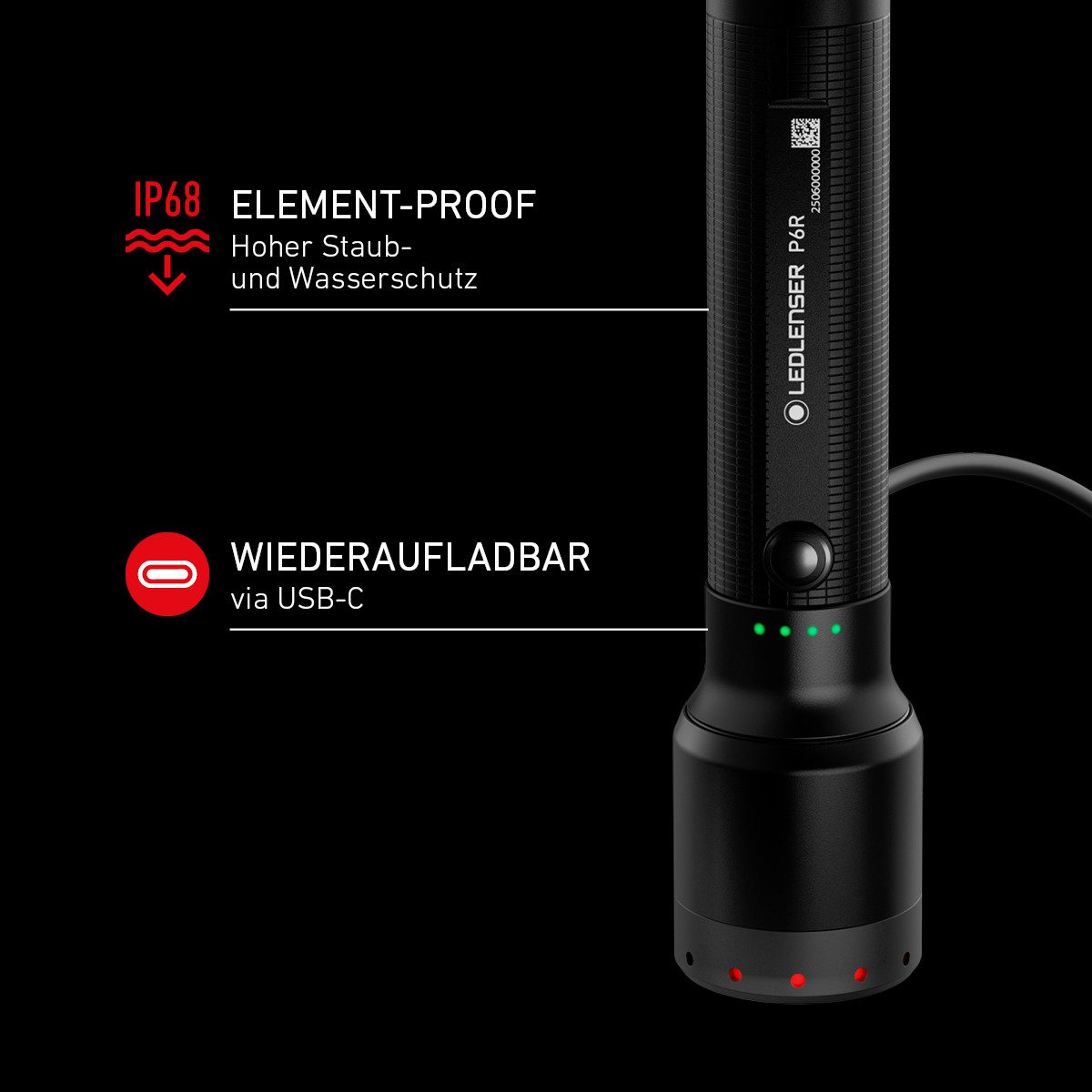 Ledlenser Taschenlampe P6R, 1200 Lumen, 320m Leuchtweite, IP68, 60 Std Laufzeit, USB-C, Akku