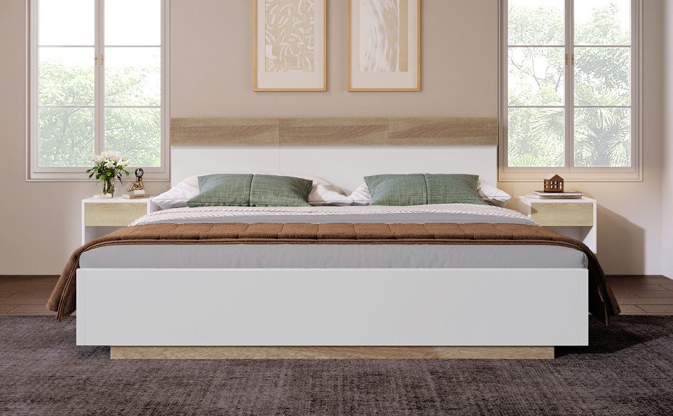GLP Holzbett teilmassiv aus Eiche mit Lattenrost, Doppelbett 140/160/180 x 200 cm, Schwebebett-Optik, Weiß/Eiche Sonoma, belastbar bis 181 kg