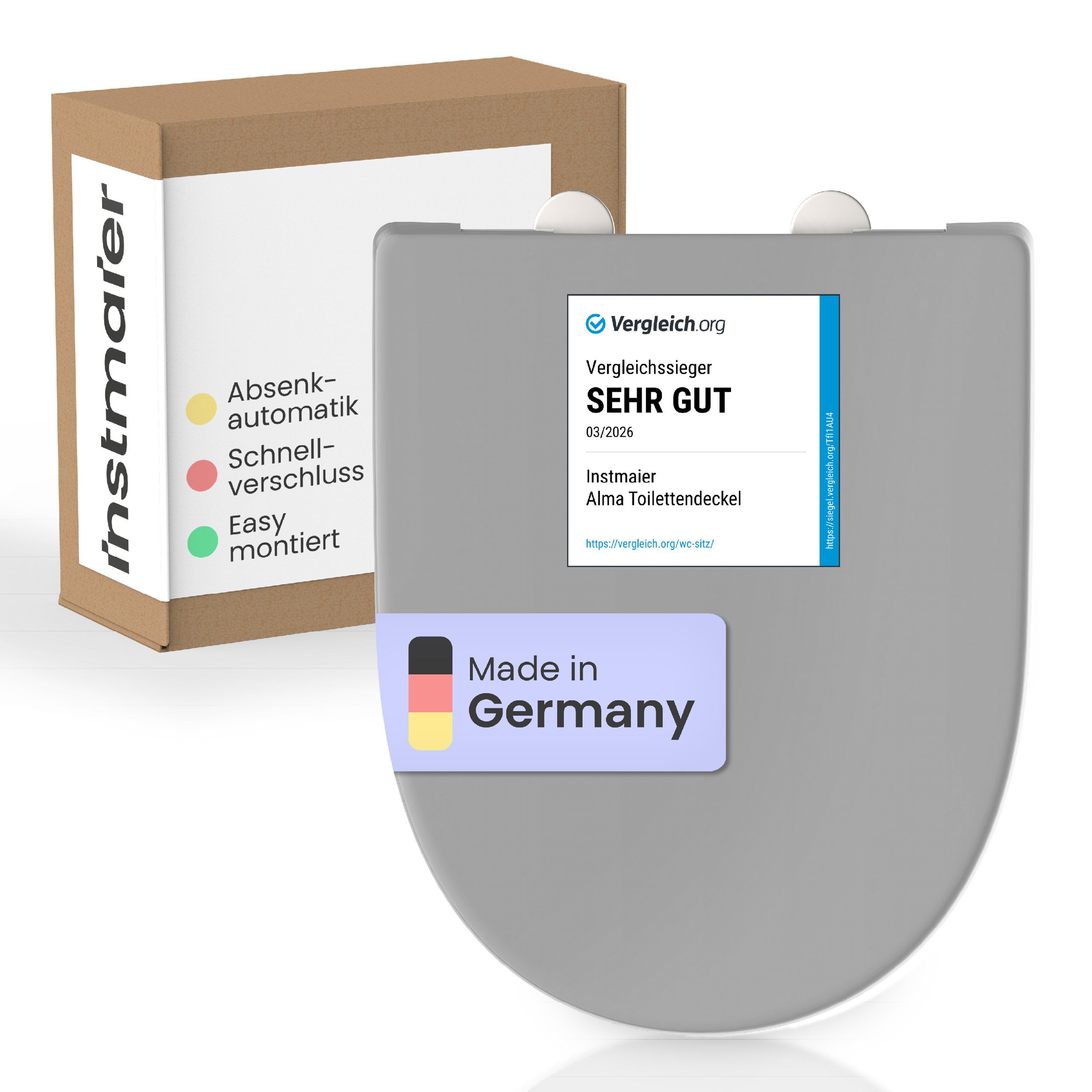 instmaier WC-Sitz Alma, Made in Germany, bakterienabweisendes Duroplast, bis 250kg, Manhattan-Grau, mit Absenkautomatik, zur Reinigung abnehmbar