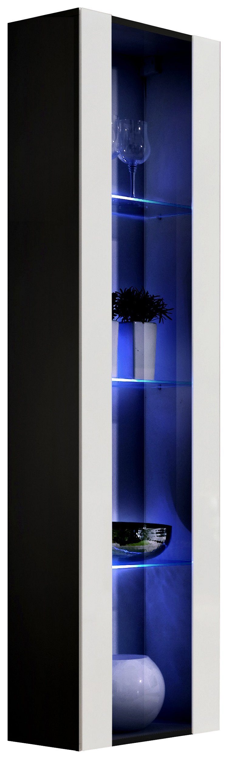 99rooms Stauraumschrank FLI T41 rechts 170x40x29 cm (Hängevitrine, Glasvitrine, Wohnmöbel) mit 3 Glaseinlegeböden, inkl. LED-Beleuchtung, Glaseinsatz, mit Push-to-Open, Hochglanzfront, Design Modern, variabel hängbar