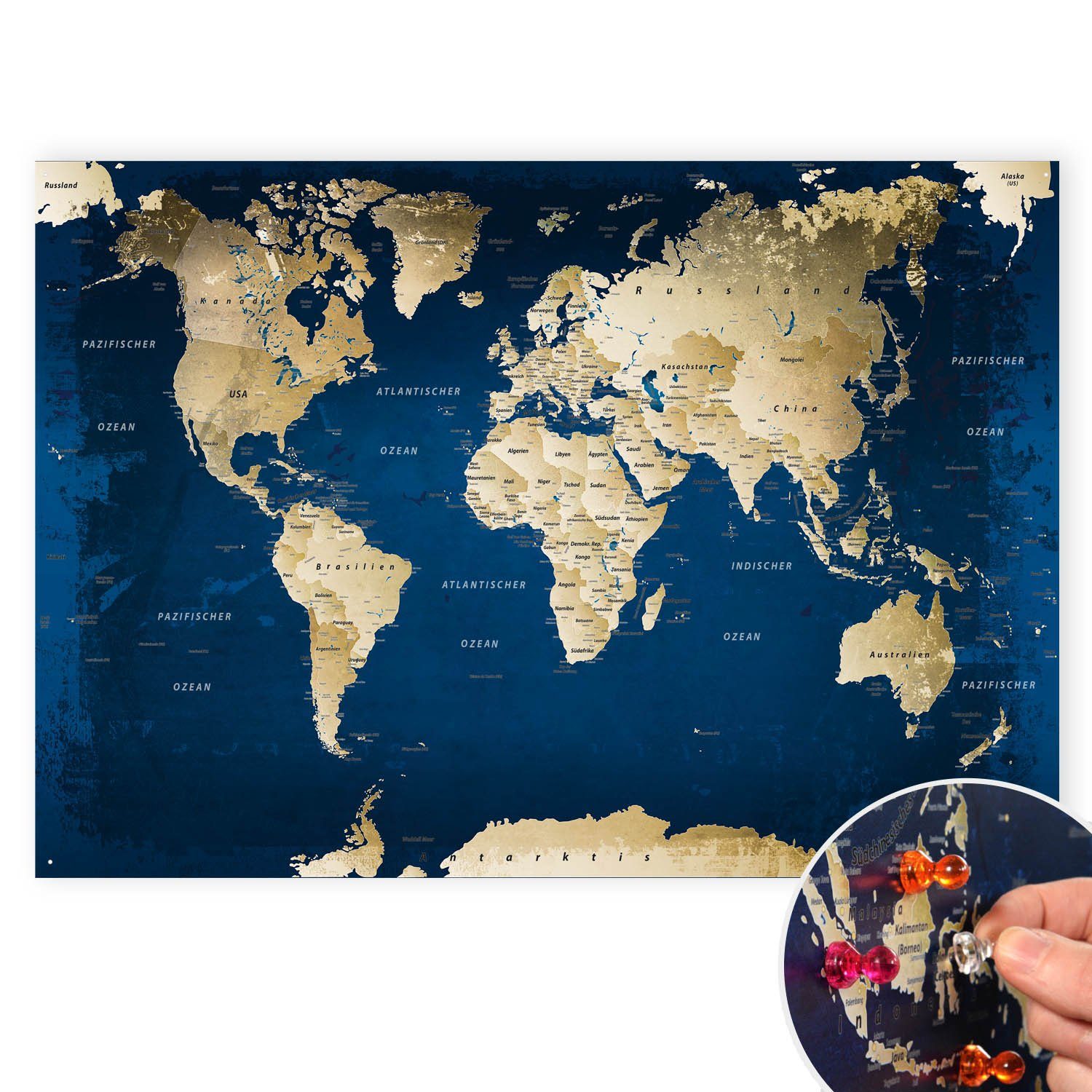 LANA KK Metallschild magnetische Weltkarte als Blechschild XXL - Poster,  Magnettafel als Geschenk Wandkunst Dekor für Zuhause, Büro und Café
