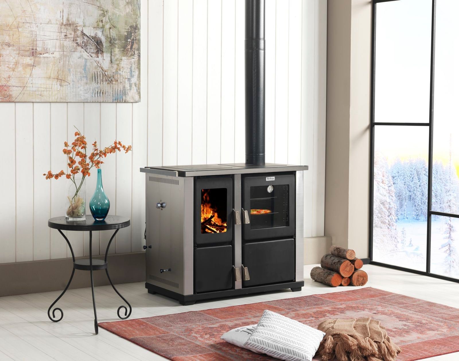 Teba Therm Kaminofen Kaminofen mit Backfach und Herdplatte Teba TKS 18 Holzofen 10 kW, Zeitbrand, Dauerbrand