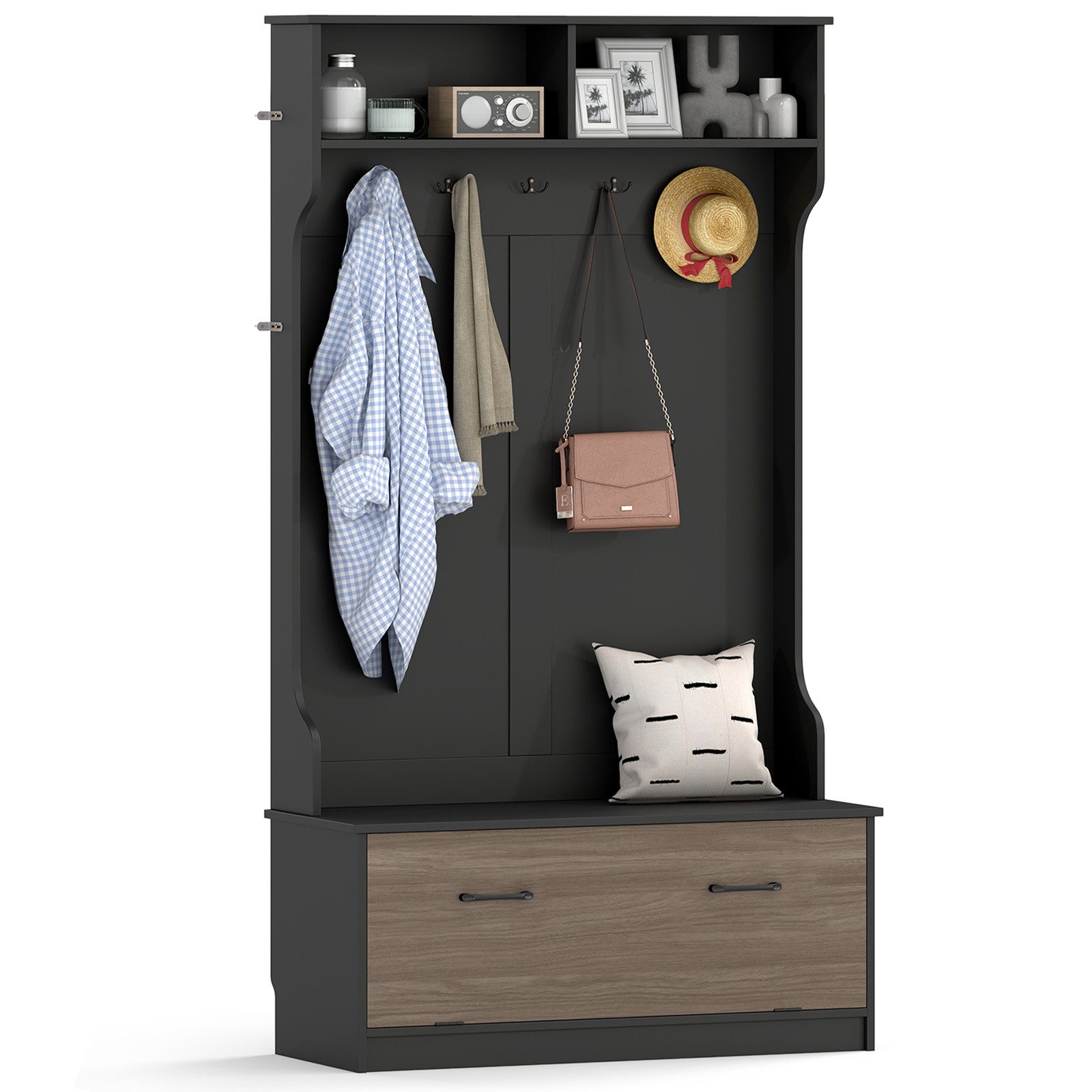 COSTWAY Kleiderständer Garderobenständer Holz mit Schuhschrank, 5 Haken, 100x40x180cm
