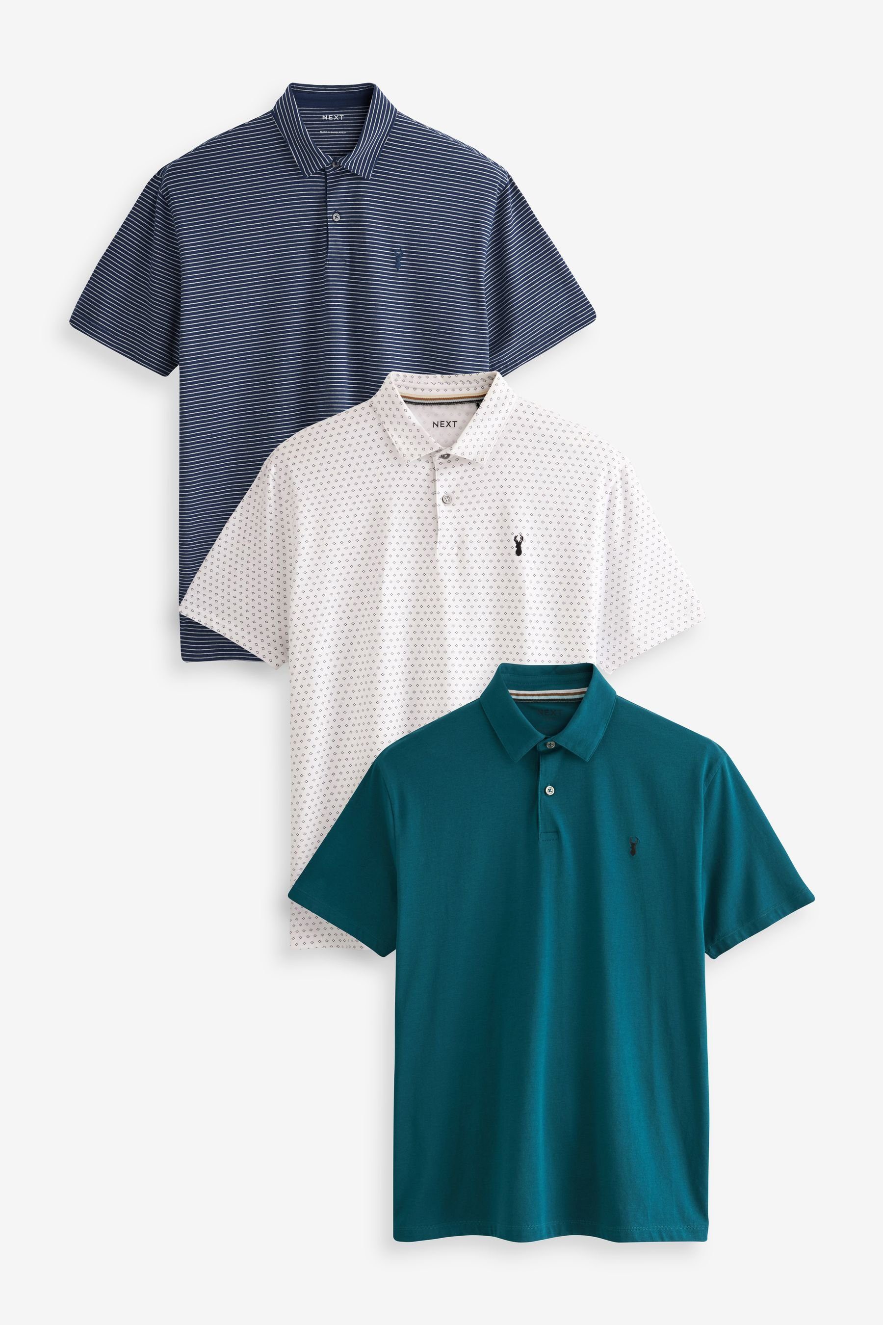 Next Poloshirt Poloshirts aus Jersey im 3er-Pack (3-tlg) White Geo/Navy Blue Stripe/Teal Blue | Poloshirts