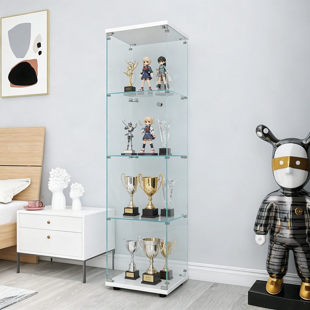 Simurq Glasvitrine Standvitrine aus gehärtetes Glas, Vitrinenschrank mit Glastüren (Glas vitrine mit 2 Glastür und 4 Lagen,Glasschrank mit Schloss) Sammlervitrine mit Kippsicherung,Modernes rahmenloses Design