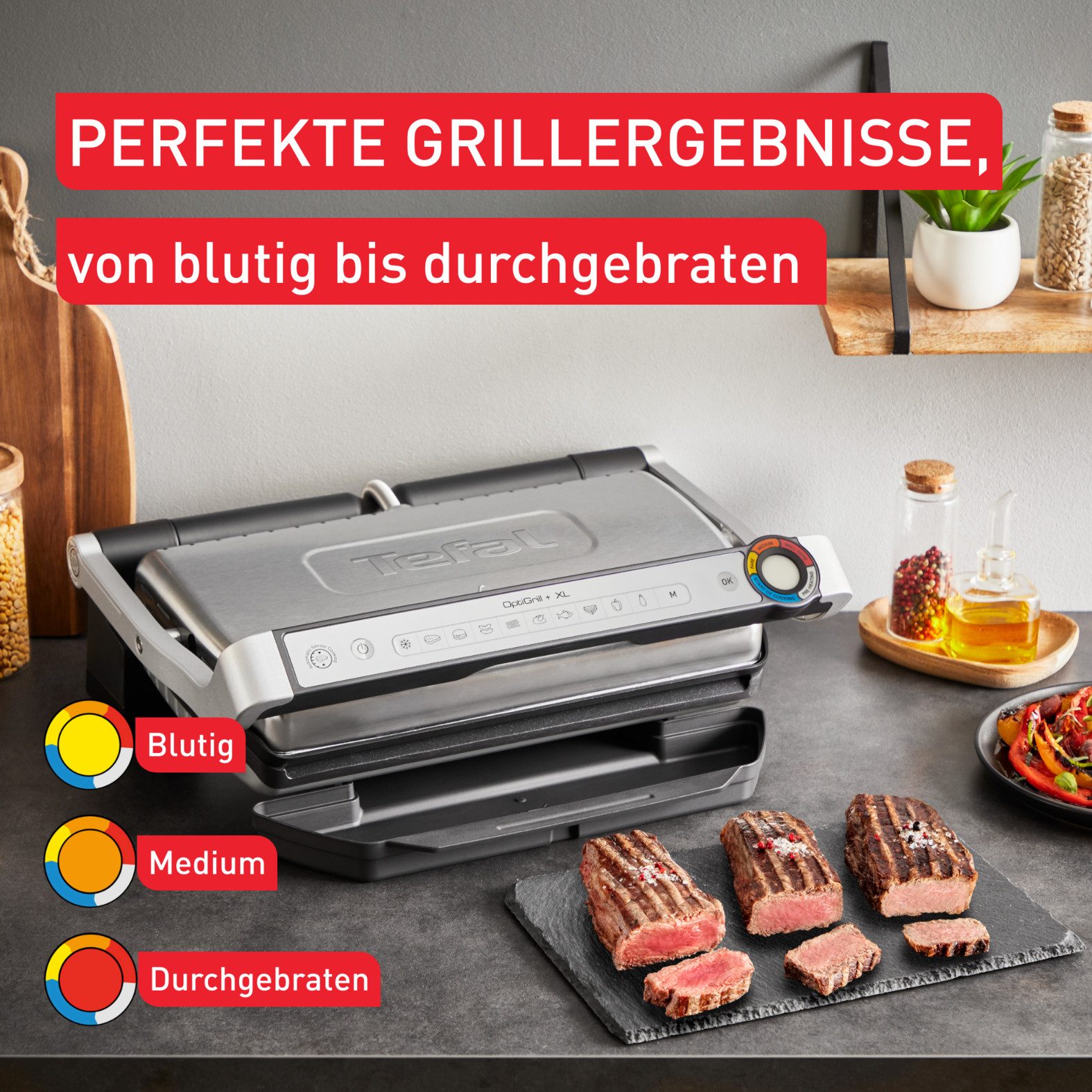 Tefal Kontaktgrill OptiGrill + XL, erneuerte Kochstufenanzeige, 9 automatische Programme, 2000 W, manuelles Programm, spülmaschinengeeignete Platten GC727D