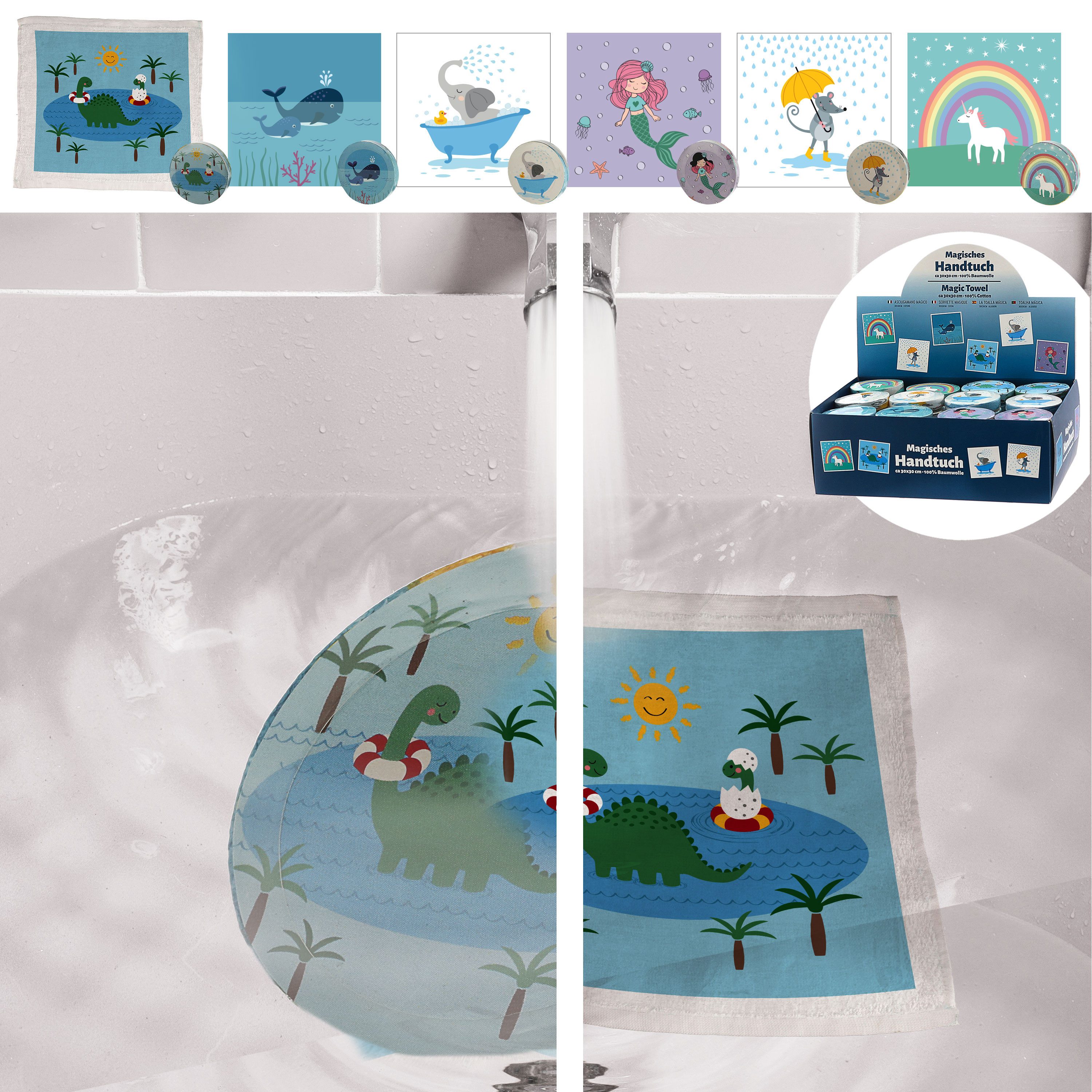 CEPEWA Handtuch Magisches Handtuch 72er Set Display 6 Motive 30x30cm Baumwolle Tuch