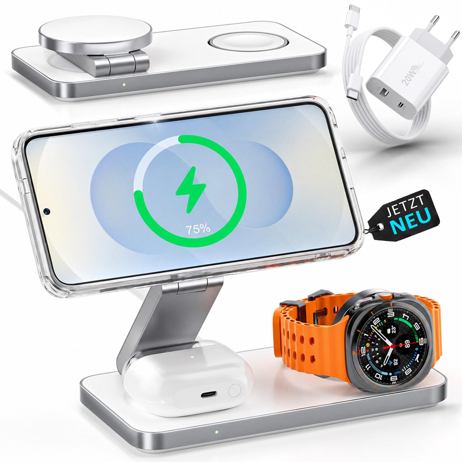 GreenHec 3in1 Ladestation für Samsung S26 S25 S24 S23, Magnetisch, Induktiv Wireless Charger (Spar-Set, Wireless Charging Pad, Watch Charger, MagSafe kompatibel, Induktions-Ladegerät, Ultra, 15w)