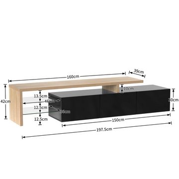 Merax Lowboard, mit Glasablgen und LED-Beleuchtung, Fernsehtisch Hochglanz, TV-Schrank