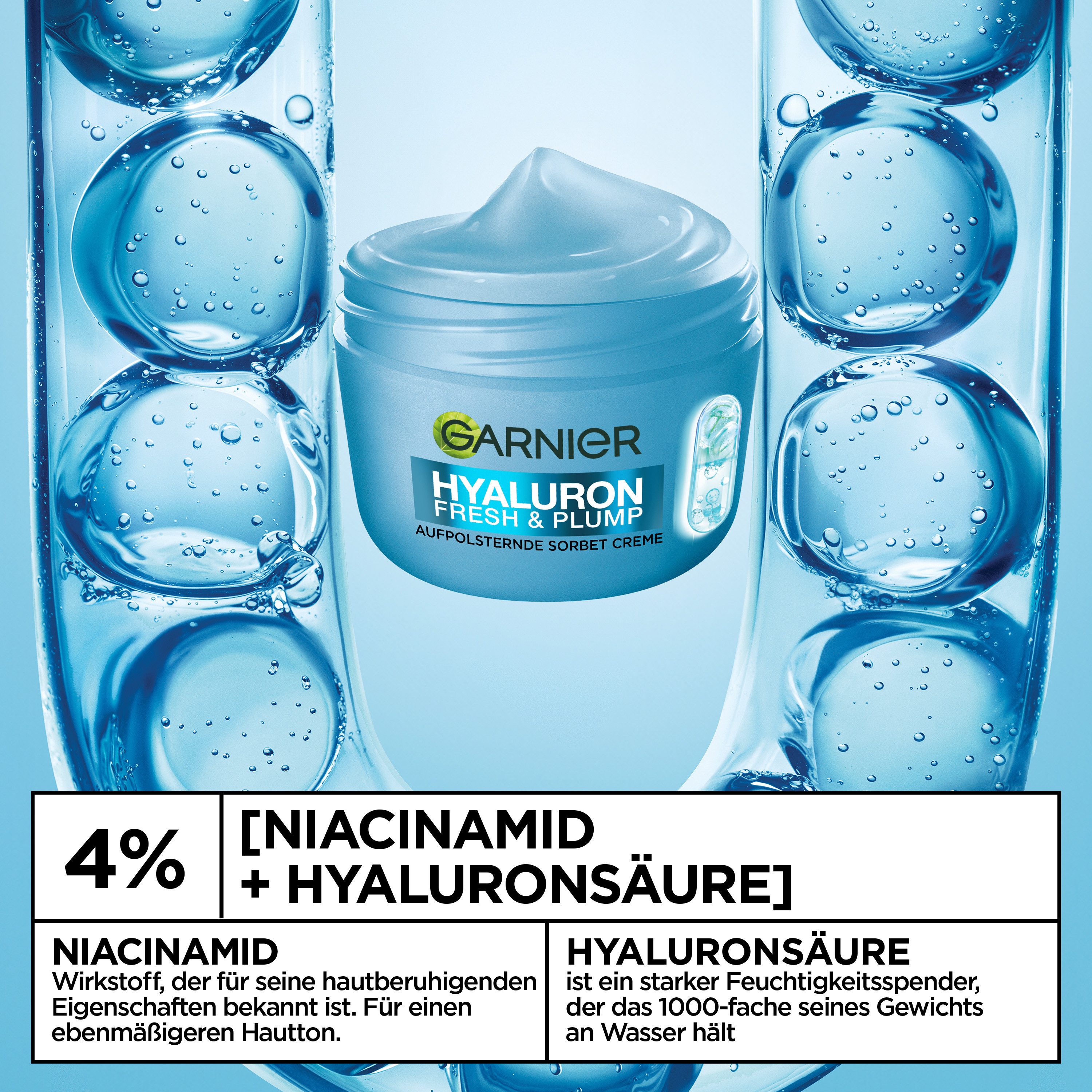 GARNIER Feuchtigkeitscreme FRESH & PLUMP HYALURON SORBET CREME, für einen ebenmäßigen Hautton