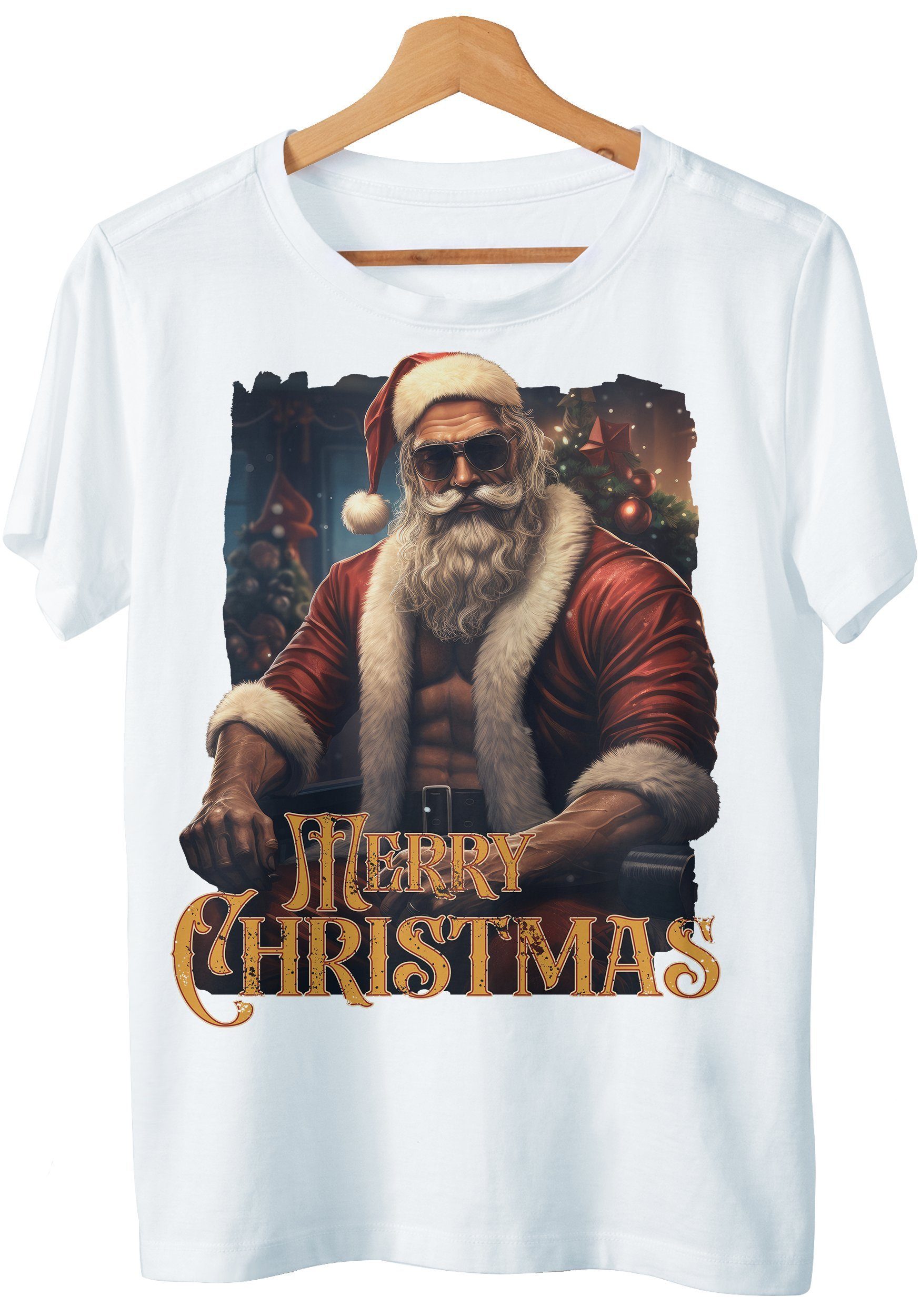 Merry & Man Art Shirt Weihnachtsmütze T-Shirt Geschenk, Christmas Design Weihnachten Detail Santa Strong Weiß Weihnachten