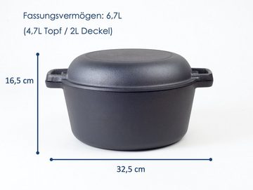 Hanseküche Grilltopf Gusseisen Topf – Eingebrannter Topf zum Brotbacken - Ø 26 cm, Gusseisen (2in1 Topf, 1-tlg., Topf und Deckel), Induktionsgeeignet, Temperaturbeständig, bis 400 Grad Celsius