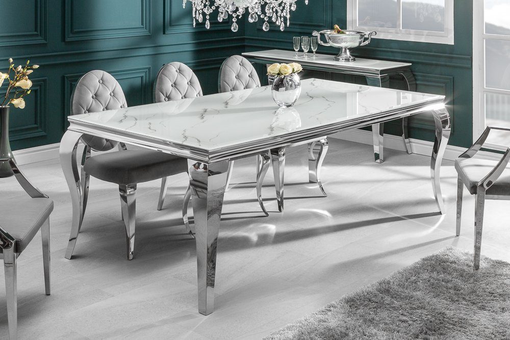 riess-ambiente Esstisch MODERN BAROCK 180cm grau / weiß (Einzelartikel, 1-St), Marmor-Design · Glasplatte · Edelstahl-Beine · bis 8 Personen – Bild 3 von 5