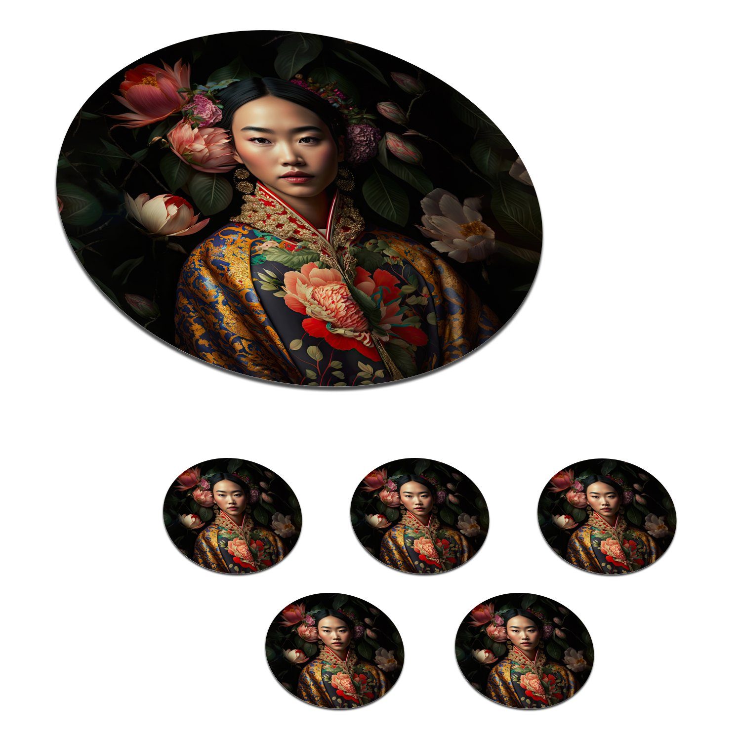 MuchoWow Glasuntersetzer Frau - Asiatisch - Kimono - Blumen - Porträt, Zubehör für Gläser, 6-tlg., Getränkeuntersetzer, Tassenuntersetzer, Korkuntersetzer, Tasse, Becher