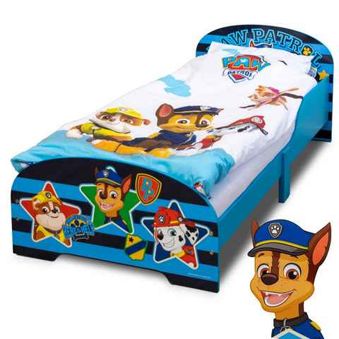 W&O Products B.V. Kinderbett PAW Patrol Bett 140 x 70 cm, Kinderbett für Jungen und Mädchen ab 2 Jahren, Juniorbett mit Rausfallschutz & Lattenrost, Kinderzimmermöbel mit coolem Design (tierische Helden), Paw Patrol Design