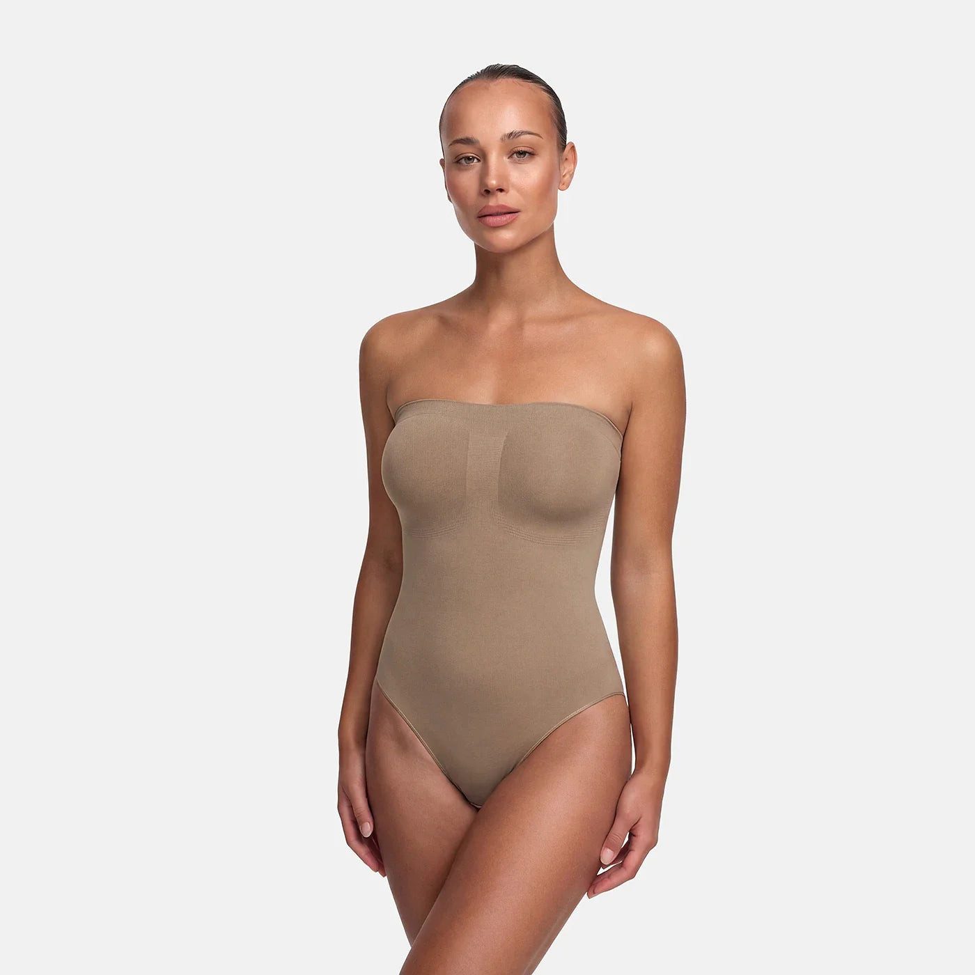 Creamy Fabrics Miederbody Trägerloser Bodysuit Sculpting Shapewear mit Slip-Dark Beige-XL (1-tlg) Figurformend