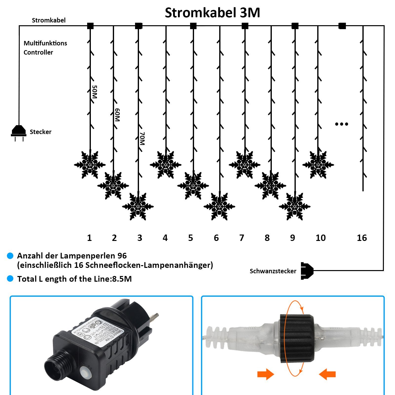 Lospitch LED-Lichterkette LED Lichtervorhang kaltweiß Xmas Schneeflocke LED-Lichterkette Deko