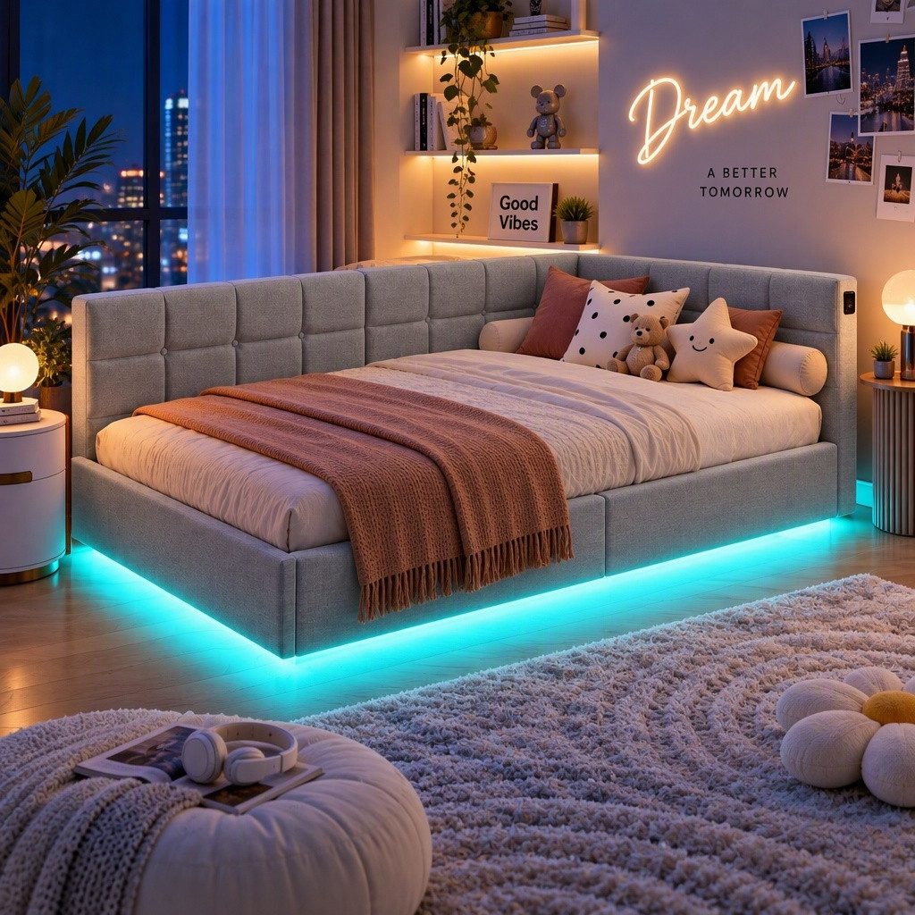 NMCXXO Polsterbett Schlafsofa Daybett (hydraulischem Stauraum), LED-Beleuchtung Einzelbett 90x200cm mit Ladefunktion