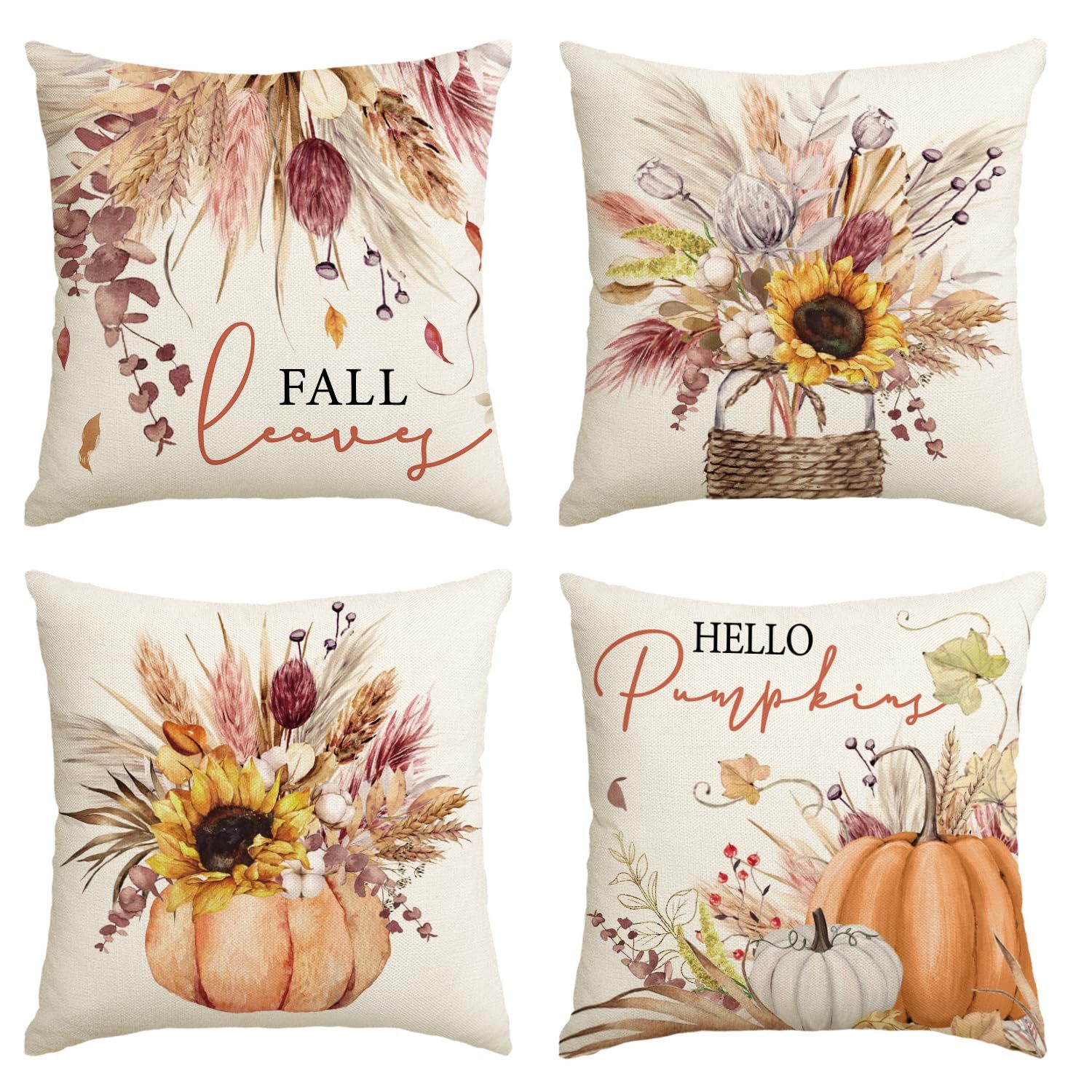 Sorvyzxn Kissenhüllen 4er-Set Kissenbezug Herbst 45x45 4er Set Dekoration Kissenhülle, (4 Stück), Herbstdeko Leinen-Kissenhüllen – Motiv: Kürbisse & Weizen