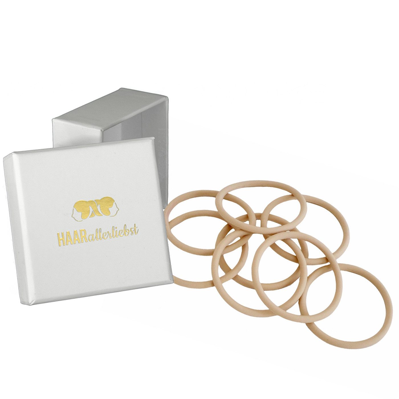 HAARallerliebst Haargummi Silikon für extra starken Halt, Sporthaargummi, Spar-Set, 9-tlg., Farbe beige, Haargummi für sicheren Halt in Aufbewahrungsschachtel, 5cm Durchmesser