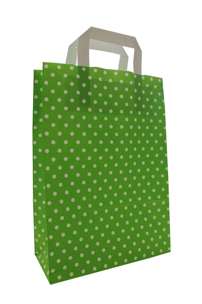 Tragetasche Papiertaschen "PUNKTE", 18+8x22 cm, grün mit weißen Punkten 50 Stück (50-tlg)